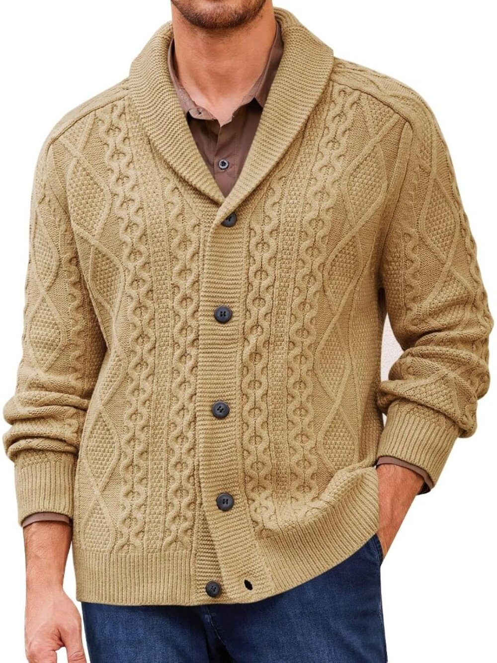 🆕Men's Khaki Chunky Knit Cardigan Sweater Shawl Collar Button Up Outerwear